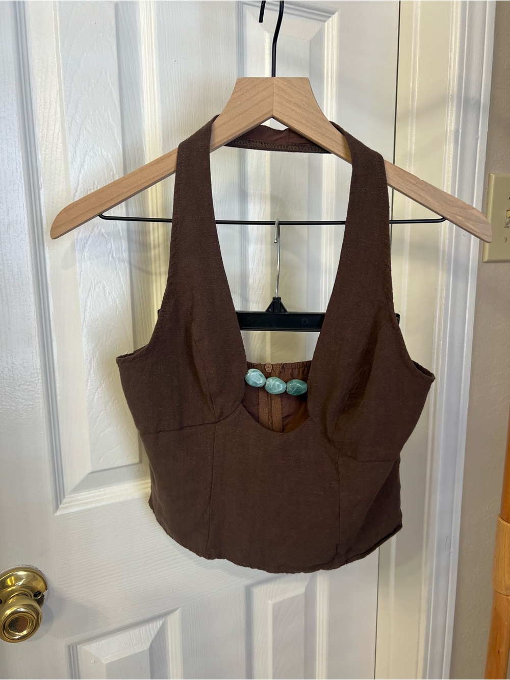Missguided + Brown Halter Crop Top with Turquoise Bead Detail